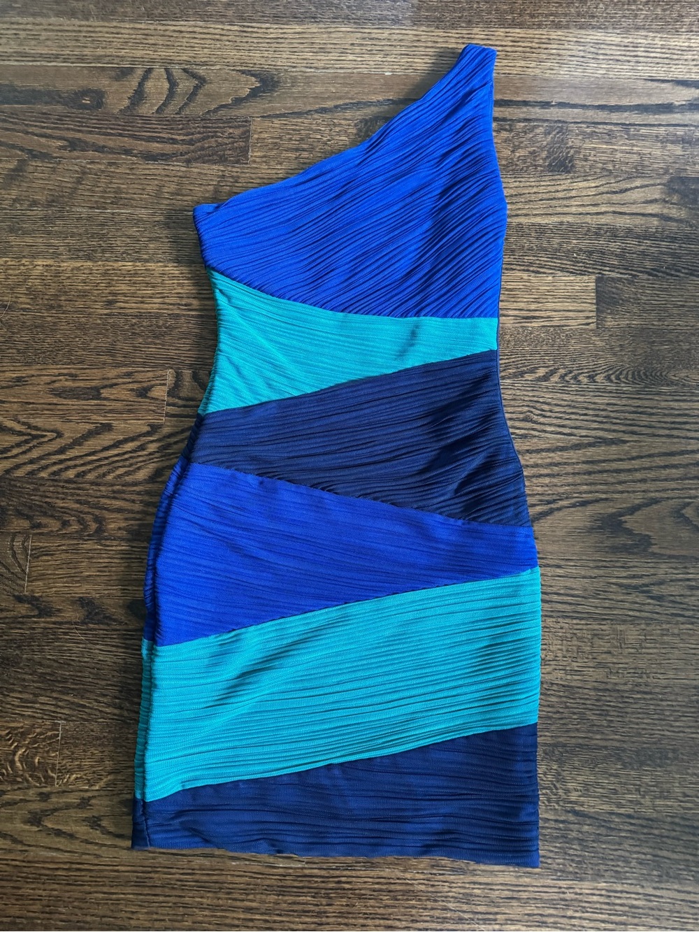 BCBGMaxAzria One-Shoulder Colorblock Dress in Royal Blue and Teal